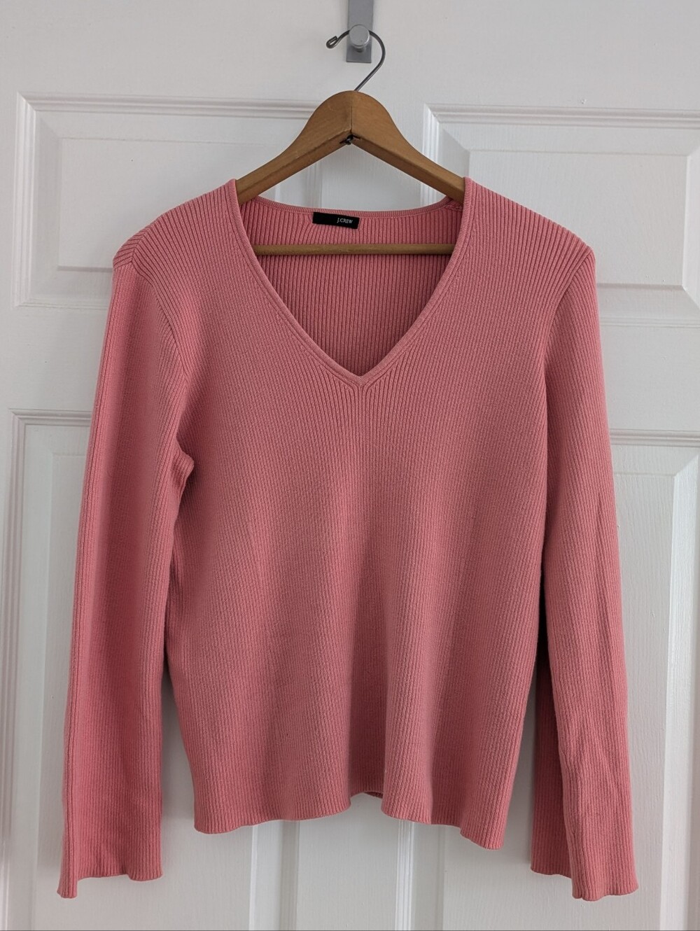 Vintage J.Crew Dusty Rose Pink Fine Ribbed V-Neck Cotton Sweater L